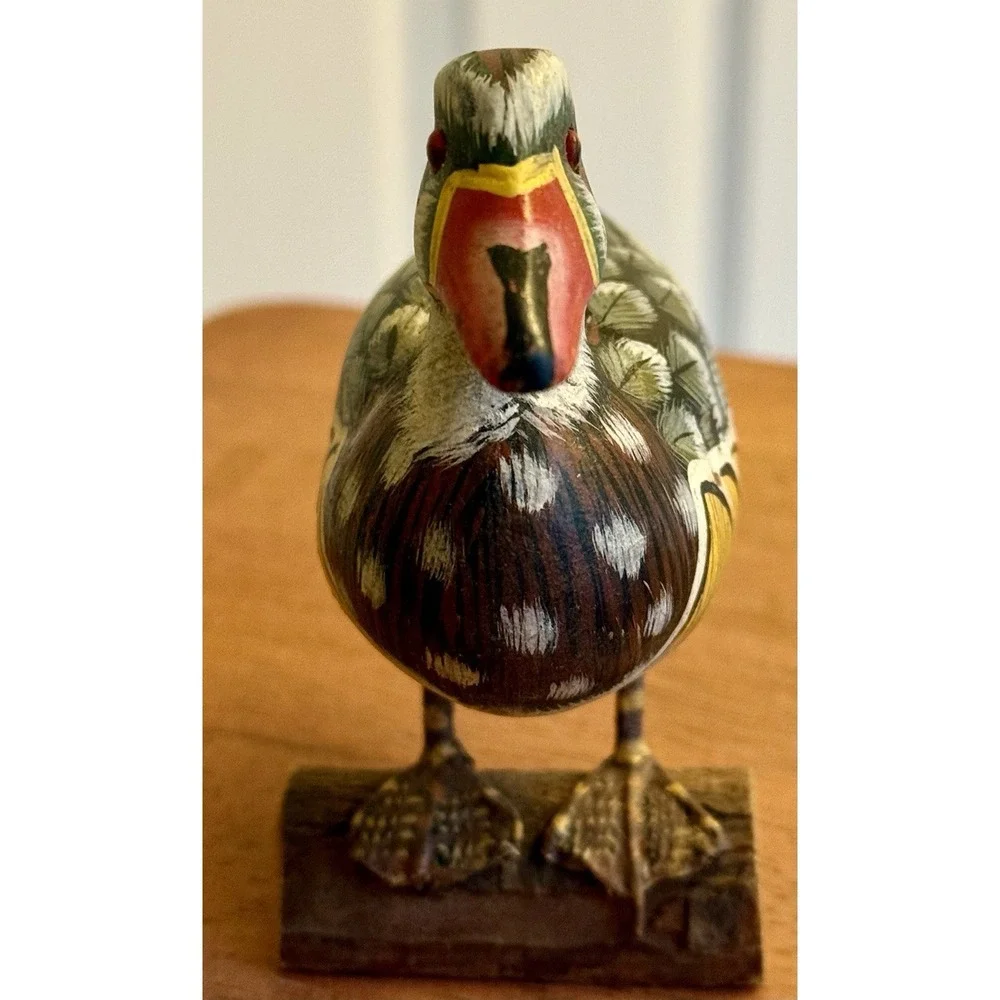 VINTAGE HAND Carved & PAINTED Wooden WOOD DUCK ON LOG 4
